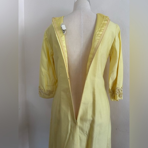 Vintage 60s Sylvia Ann Dress Yellow Sz M Pearl Crochet Daisy Trim Cocktail Party - Picture 12 of 16